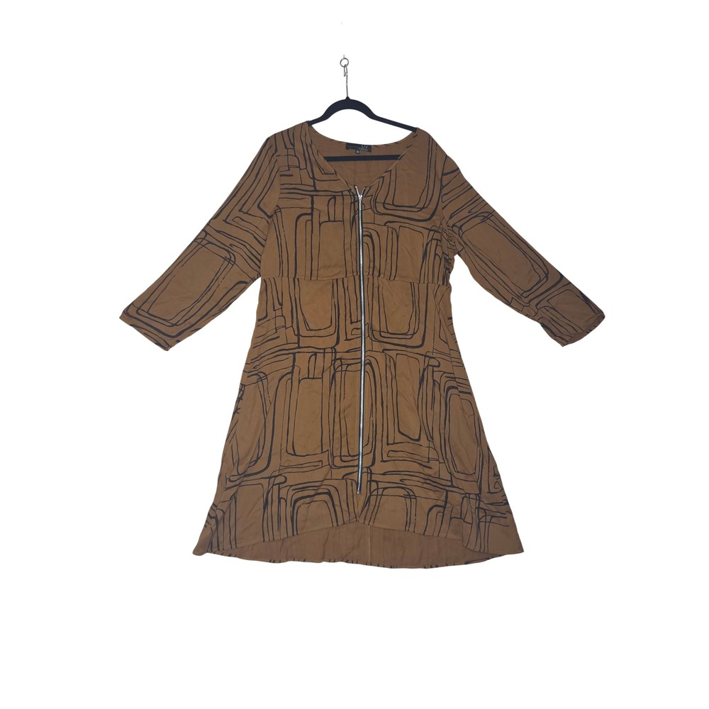 Liv by Habitat Clothes Brown Abstract Geometric Zip Front Tunic Dress SzL Artsy!